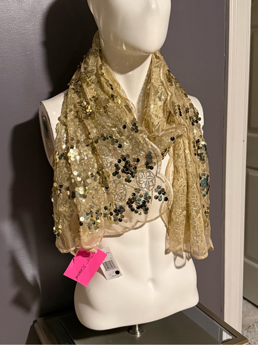 Betsey Johnson Gold Lace Sequin Scarf NEW